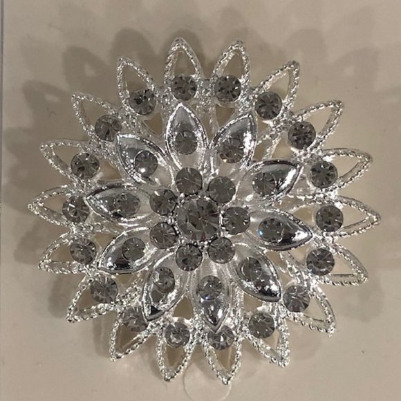 Flower Brooch Pin with Light Gray Diamonds - Silver Tone, New Condition - Picture 3 of 3